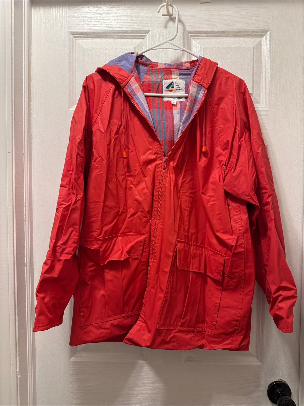 Red Hooded Rain Jacket with Plaid Lining - Womens